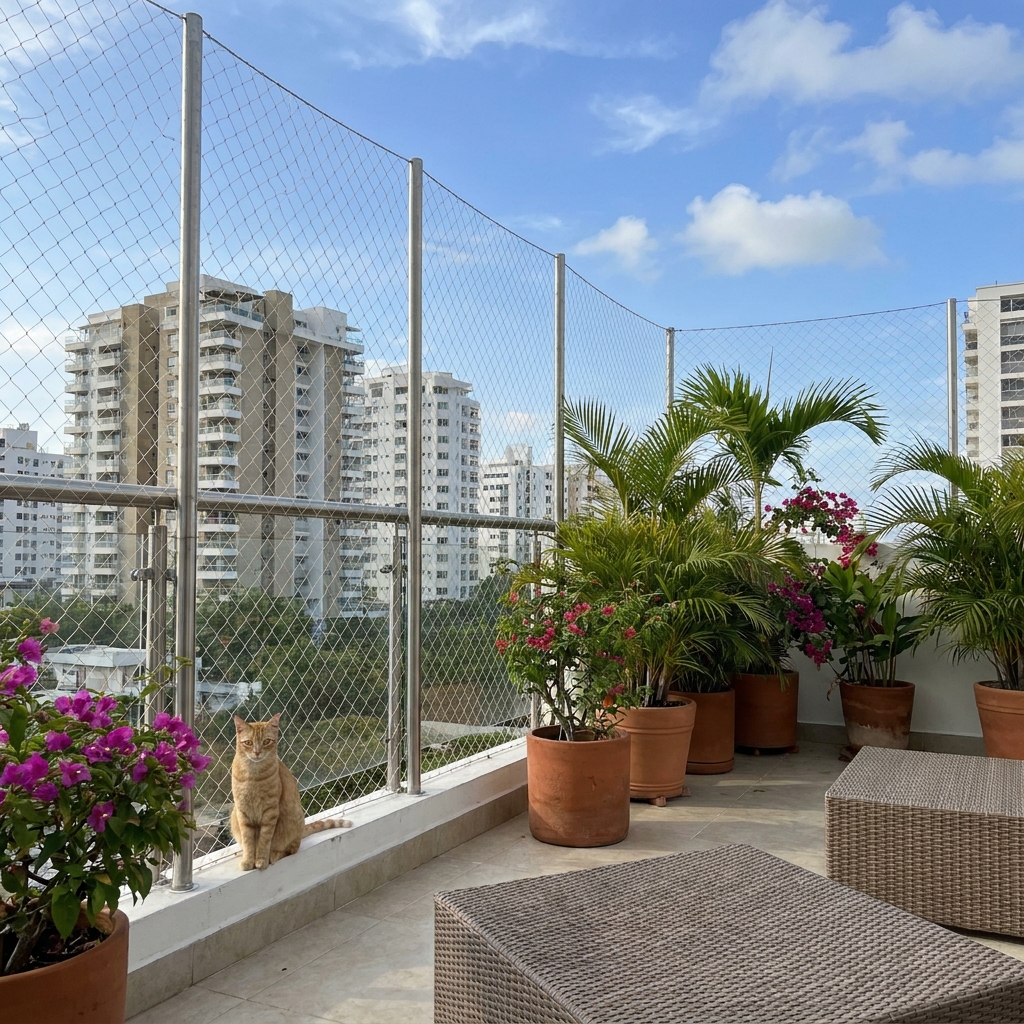 Terraza protegida con malla de seguridad para mascotas